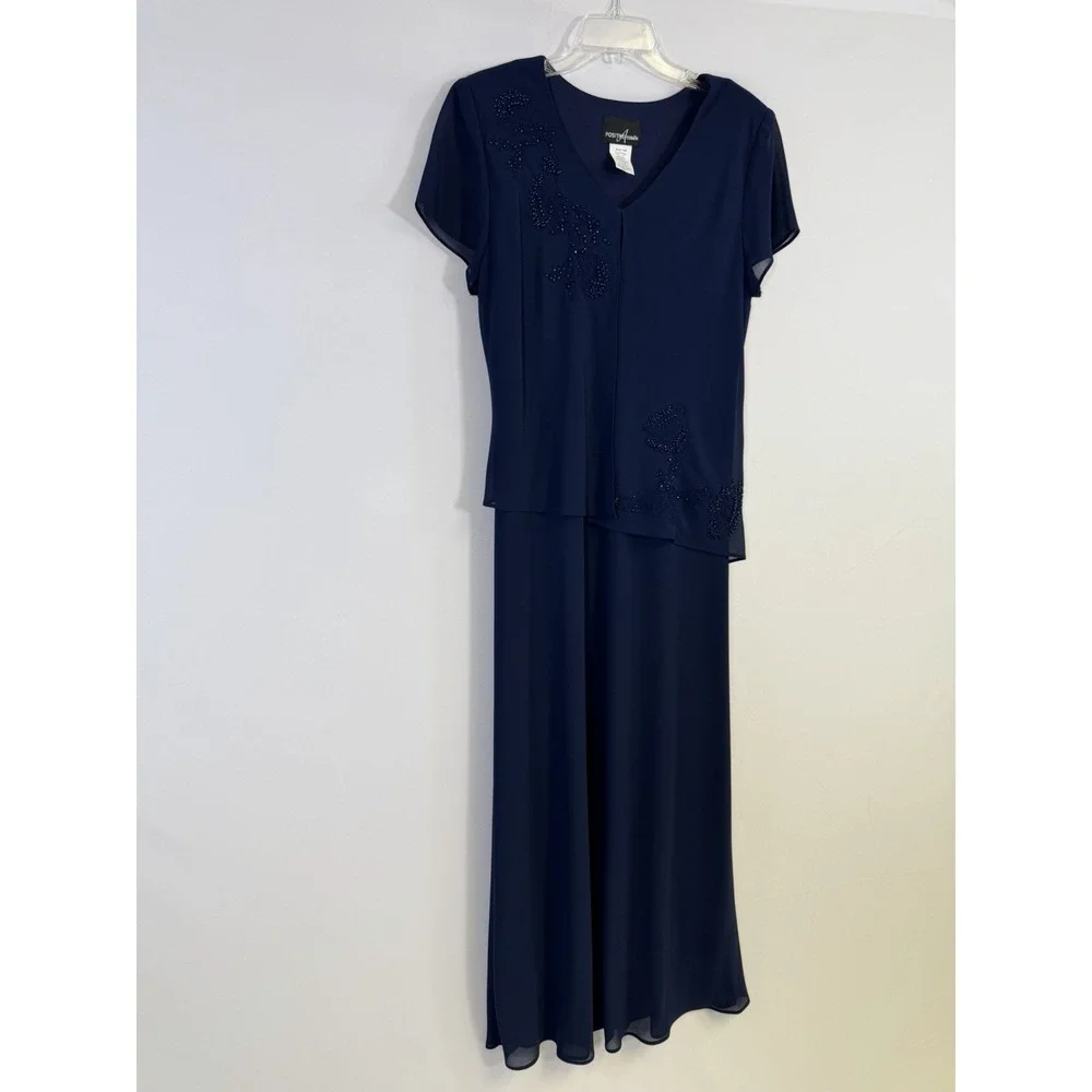 Positive Attitude Royal‎ Blue Beaded Short Sleeve Maxi Dress Size 14 Vtg Formal